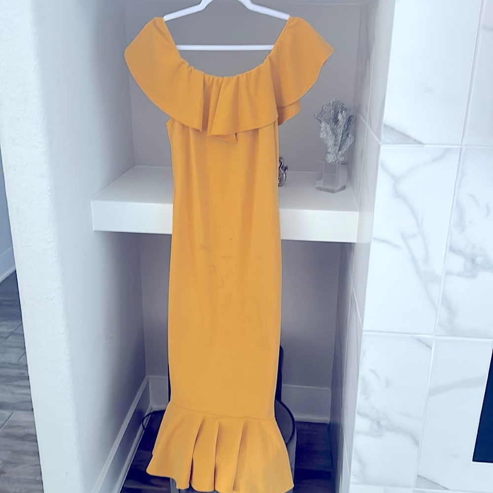 Mustard Yellow Off the Shoulder Peplum Dress